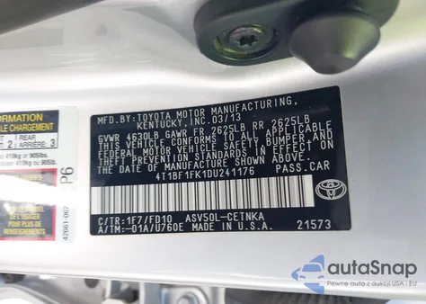 2013 Toyota Camry Le from USA, damaged, VIN 4T1BF1FK1DU241176